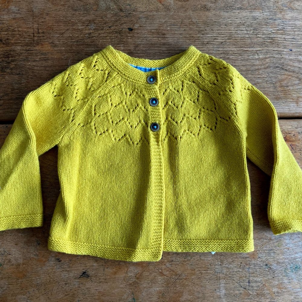 Baby Boden Yellow Cardigan 3 button closure with Blue 3-6 mo